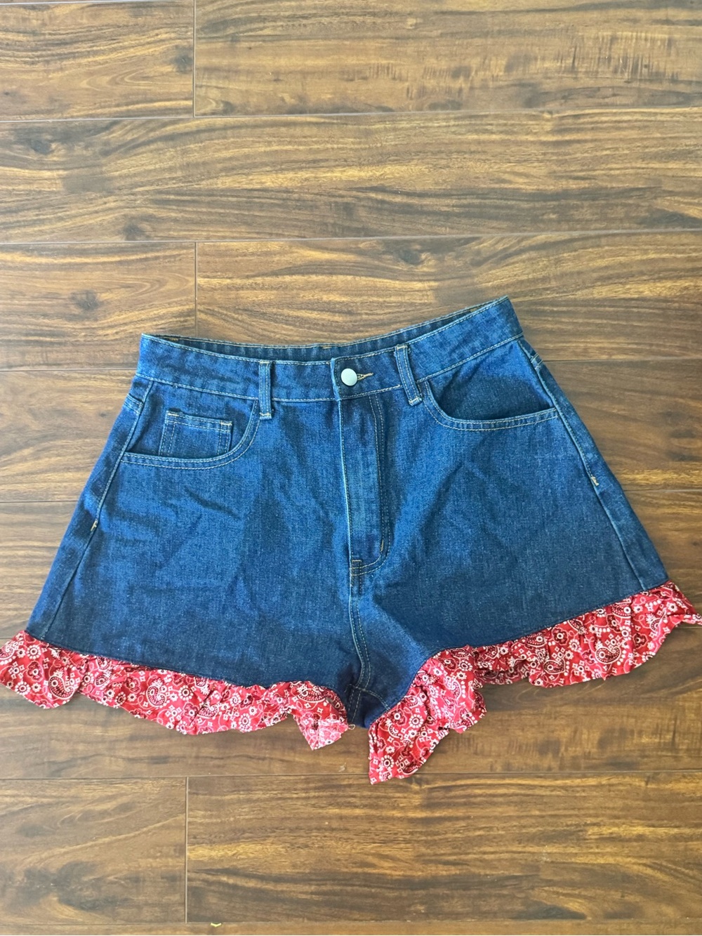 Cider Dark Blue Denim Shorts with Red Bandana Ruffle